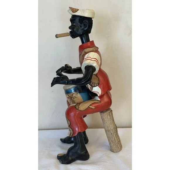 CUBA Folk Art Man Musician Drummer Hand-Carved Hand-Painted 17 WOOD Sculpture